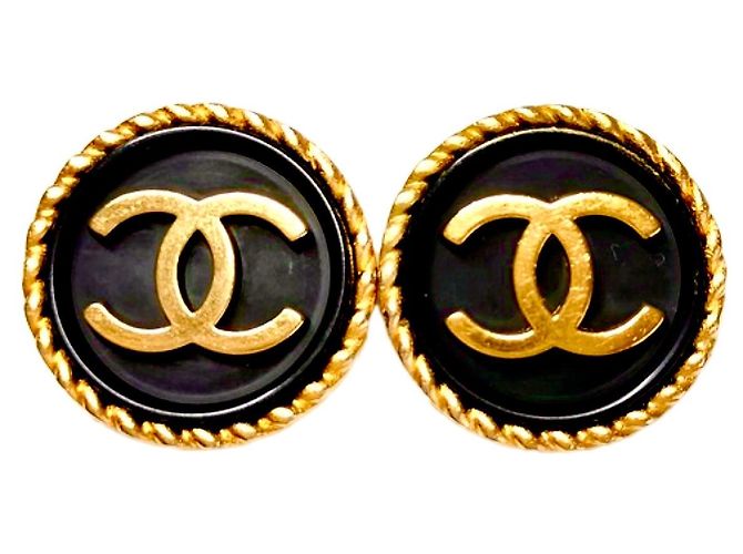 Pendientes de botón CHANEL con el logo CC entrelazado de 1995 Negro Dorado - vista 4
