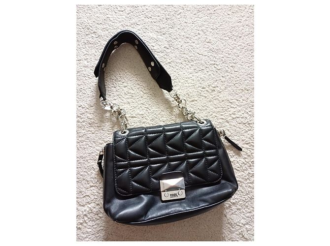 Bolsa de mão acolchoada Karl Lagerfeld em couro de cordeiro preto - vista 2