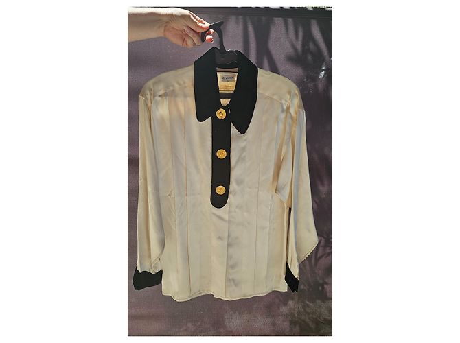 Schöne Chanel Seiden- und Samtbluse Schwarz Creme - Ansicht 2