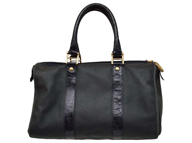 Borsa satchel Gianfranco Ferré in tela blu e pelle coccodrillo - vista 2