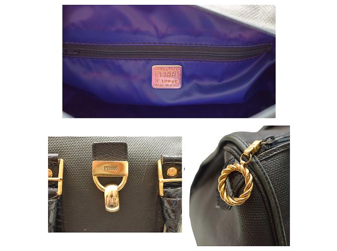 Borsa satchel Gianfranco Ferré in tela blu e pelle coccodrillo - vista 6