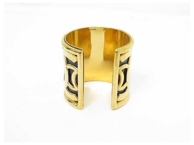 BRACCIALE VINTAGE CHANEL MANCHETTE LOGO CC 1970 T17 METALLO DORATO EMAIL NERO BANGLE D'oro - vista 3