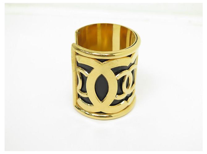 BRACCIALE VINTAGE CHANEL MANCHETTE LOGO CC 1970 T17 METALLO DORATO EMAIL NERO BANGLE D'oro - vista 4