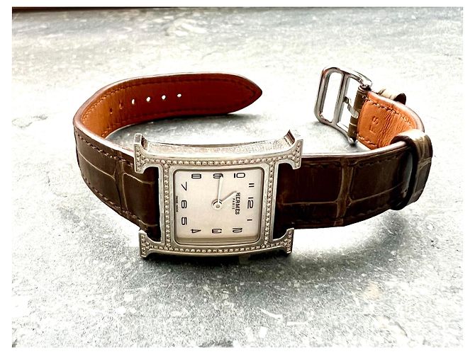Reloj Hermès Heure H Diamantes Correa de Cocodrilo Plata - vista 3