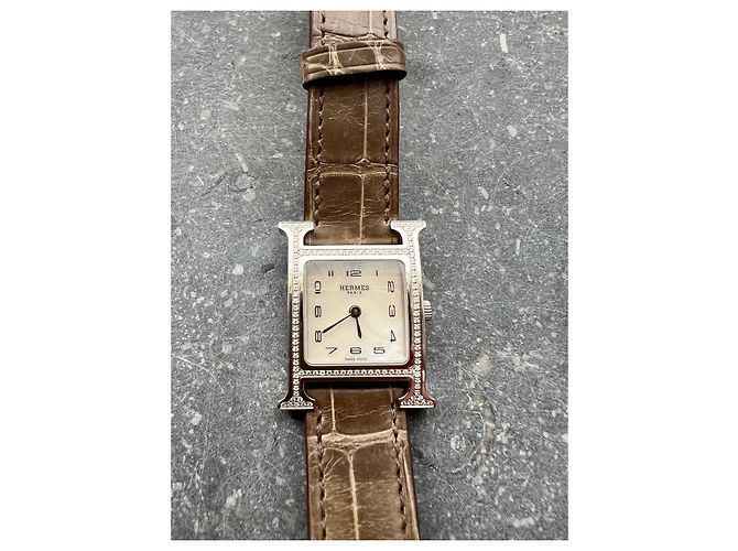 Reloj Hermès Heure H Diamantes Correa de Cocodrilo Plata - vista 4