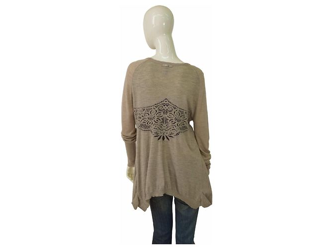 High Pullover Beige Blumen Wolle Alpaka Größe M - Ansicht 2