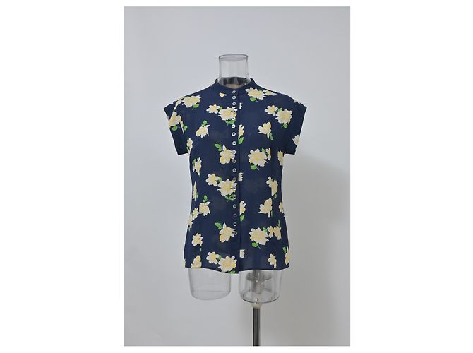 Blusa de botones con estampado floral Michael Kors en seda azul marino - vista 6