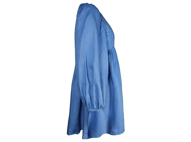 Vestido mini de manga longa Reformation Ramone em linho azul - vista 2