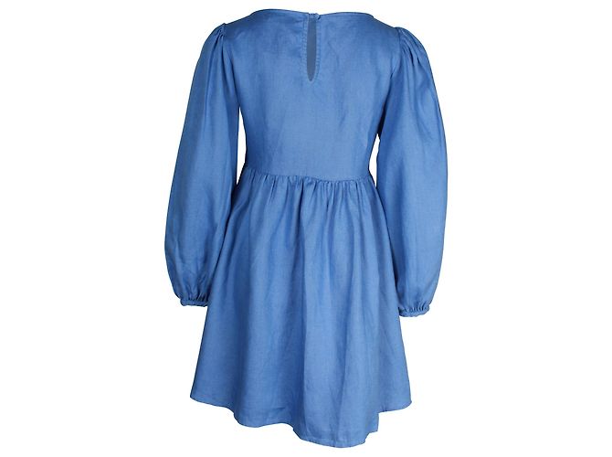 Vestido mini de manga longa Reformation Ramone em linho azul - vista 3