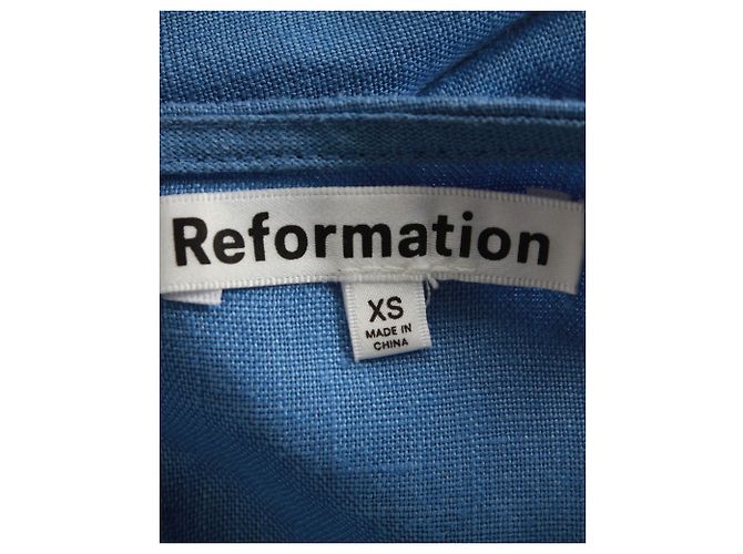 Vestido mini de manga longa Reformation Ramone em linho azul - vista 4