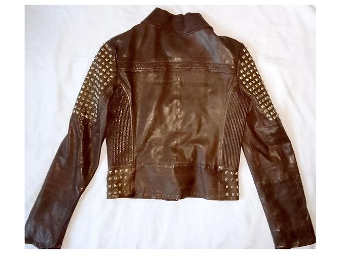 Hugo Boss Doppelt gefütterte Motorrad-Biker-Lederjacke aus braunem Lammleder - Ansicht 2