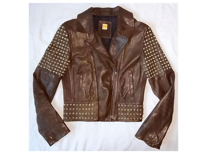 Hugo Boss Doppelt gefütterte Motorrad-Biker-Lederjacke aus braunem Lammleder - Ansicht 3