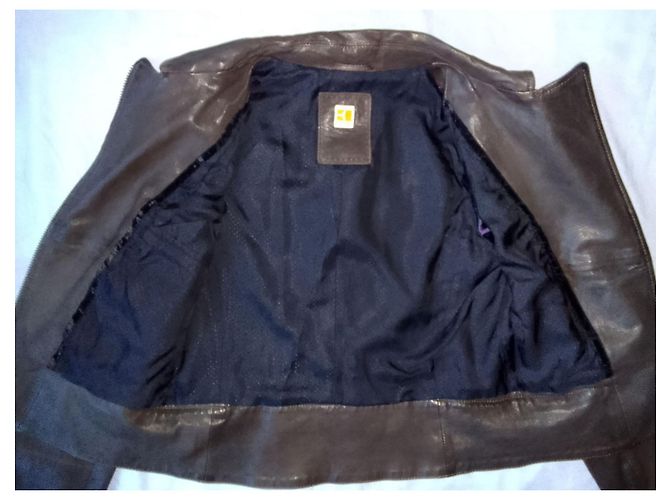 Hugo Boss Doppelt gefütterte Motorrad-Biker-Lederjacke aus braunem Lammleder - Ansicht 6