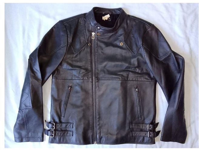 Autre Marque Doppelt gefütterte schwarze Lederjacke mit Reißverschluss für Motorradfahrer WRANGLER - Ansicht 3