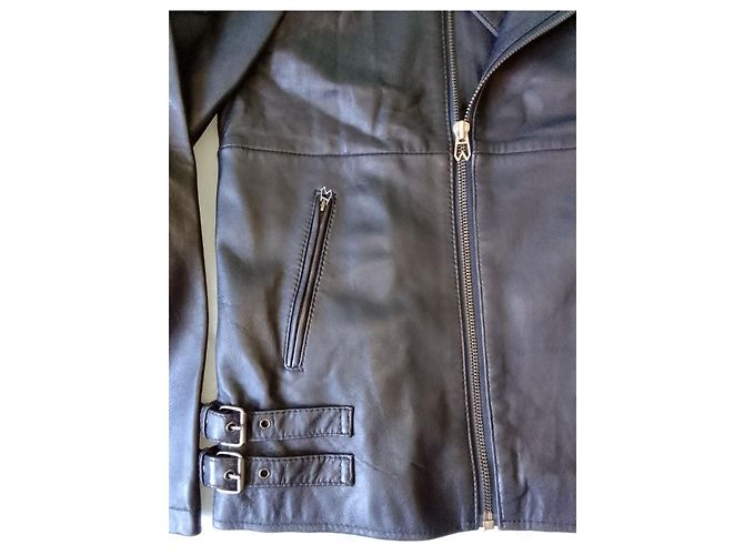 Autre Marque Doppelt gefütterte schwarze Lederjacke mit Reißverschluss für Motorradfahrer WRANGLER - Ansicht 5