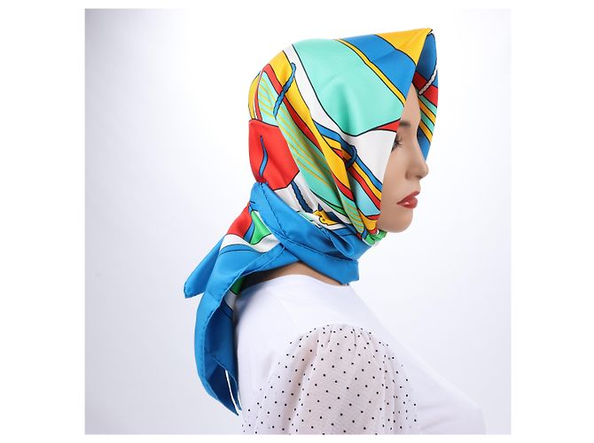 Foulard Hermès Carré 90 "THALASSA" 100% Seta Blu - vista 16