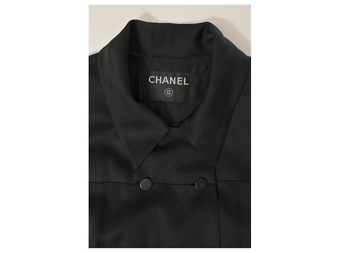 Abrigo largo de doble botonadura Chanel en seda negra Negro - vista 9