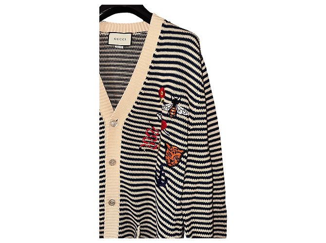 Gucci Cardigan V-Ausschnitt aus Baumwolle beige navy blau Marineblau - Ansicht 4
