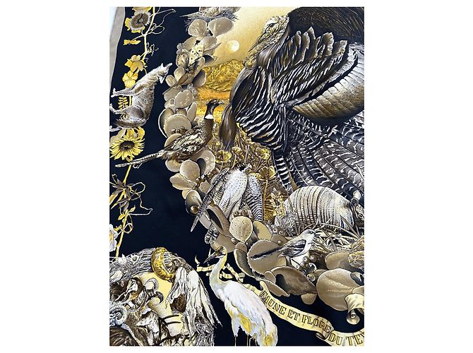 Hermès 'Fauna e Flora del Texas' Sciarpa Kermit Oliver 90 Nero D'oro - vista 16
