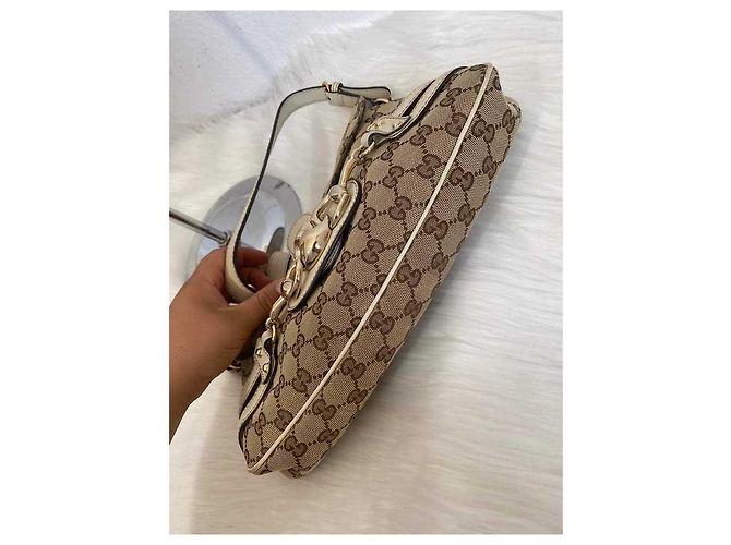 Borsa a tracolla con morso di cavallo e logo Gucci bianco Beige - vista 6