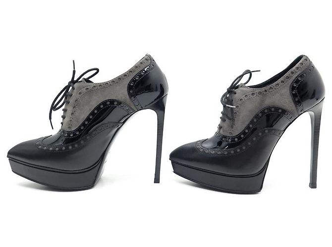 NOVE SCARPE SAINT LAURENT 328637 OXFORD CON TACCO 38 IN PELLE E VELLUTO NERO - vista 2