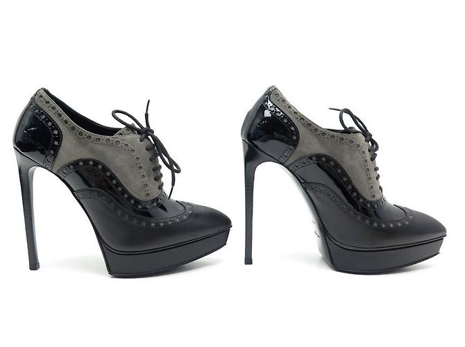 NOVE SCARPE SAINT LAURENT 328637 OXFORD CON TACCO 38 IN PELLE E VELLUTO NERO - vista 3