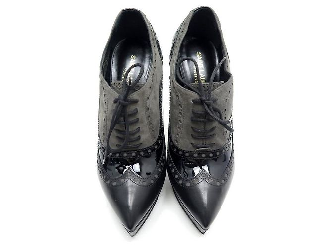 NOVE SCARPE SAINT LAURENT 328637 OXFORD CON TACCO 38 IN PELLE E VELLUTO NERO - vista 8