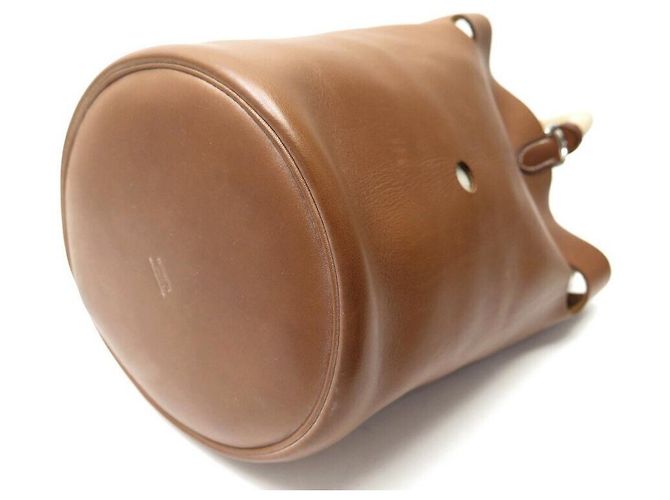 Hermès BORSA A MANO HERMES SEAU MANGEOIRE IN PELLE D'ORO GULLIVER Marrone - vista 6