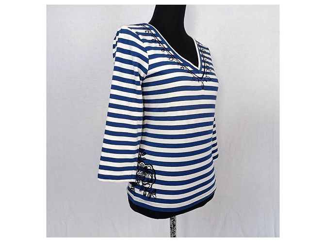 Camiseta Jean Paul Gaultier com listras brancas e azuis Branco Azul - vista 8