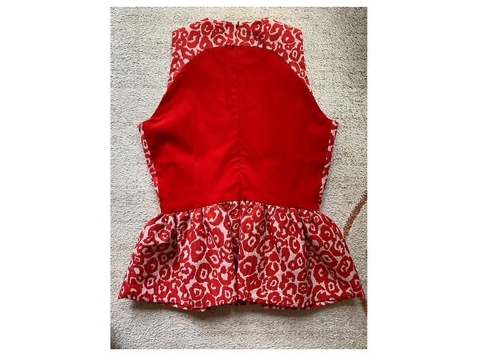 Preen By Thornton Bregazzi Blusa Peplum Jacquard Estampado Leopardo Rojo Blanco Roja Burdeos - vista 2