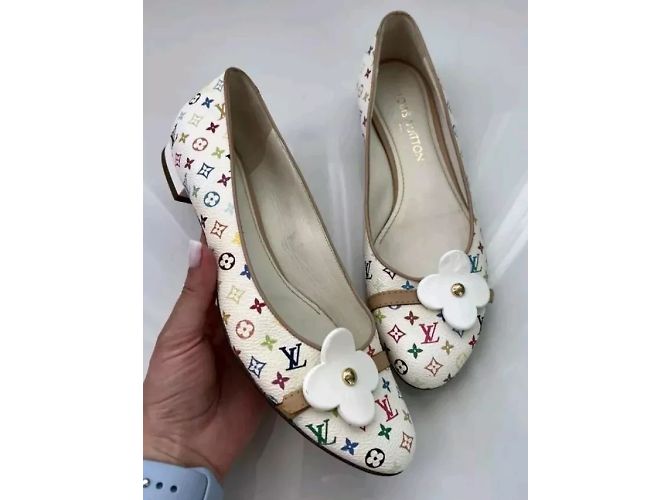 Weiße Lederflats mit Louis Vuitton Monogramm Murakami - Ansicht 3