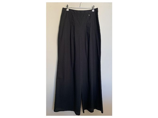 Chanel Pantalones Anchos Negros de Algodón Perforados - vista 2