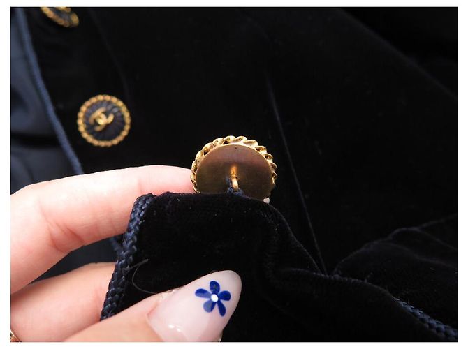 VINTAGE CHANEL HAUTE COUTURE GÜRTELJACKE 40 M SAMT CC LOGO Marineblau - Ansicht 11