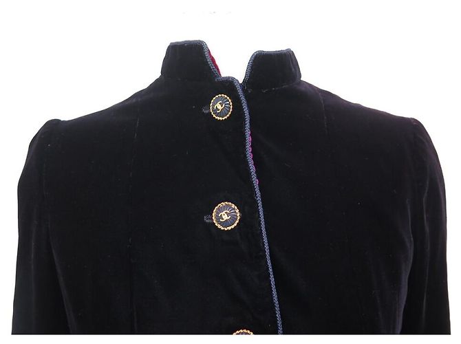 VINTAGE CHANEL HAUTE COUTURE GÜRTELJACKE 40 M SAMT CC LOGO Marineblau - Ansicht 2
