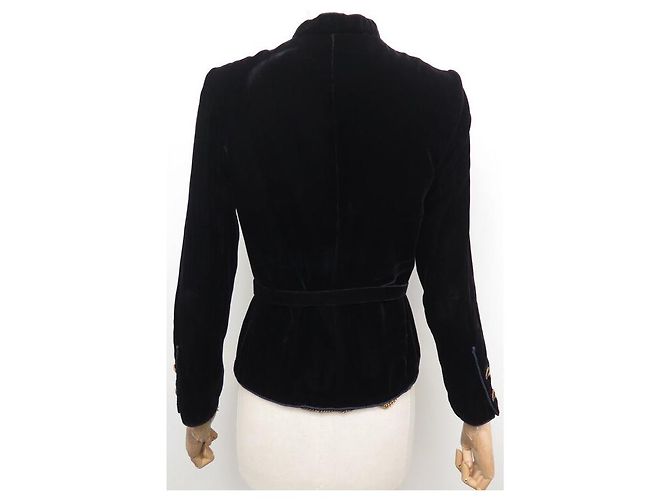 VINTAGE CHANEL HAUTE COUTURE GÜRTELJACKE 40 M SAMT CC LOGO Marineblau - Ansicht 3