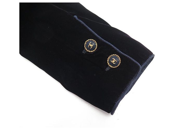 VINTAGE CHANEL HAUTE COUTURE GÜRTELJACKE 40 M SAMT CC LOGO Marineblau - Ansicht 9