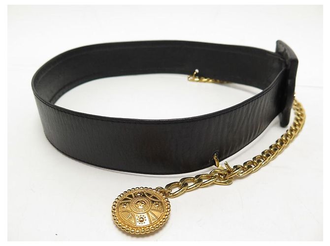 VINTAGE CHANEL GÜRTEL GROSSES LOGO MEDAILLON AUS SCHWARZEM LEDER 70 - Ansicht 5