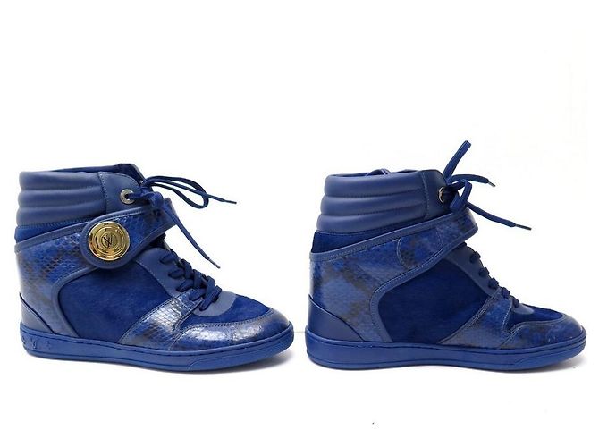 NEUE LOUIS VUITTON POSTMARK 38.5 KALBS- UND PYTHON-WEDGE-SNEAKERS Blau - Ansicht 3