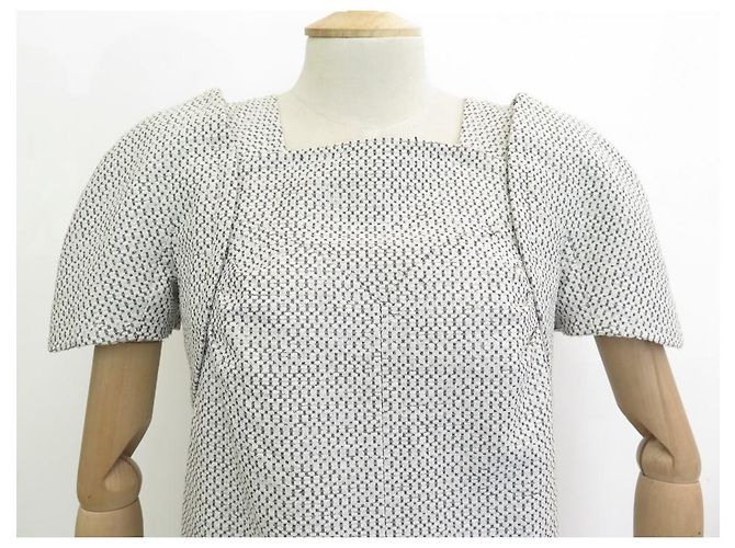 VESTIDO RECTO CHANEL P40448 S 36 EN TWEED BLANCO CON MANGAS CORTAS - vista 2