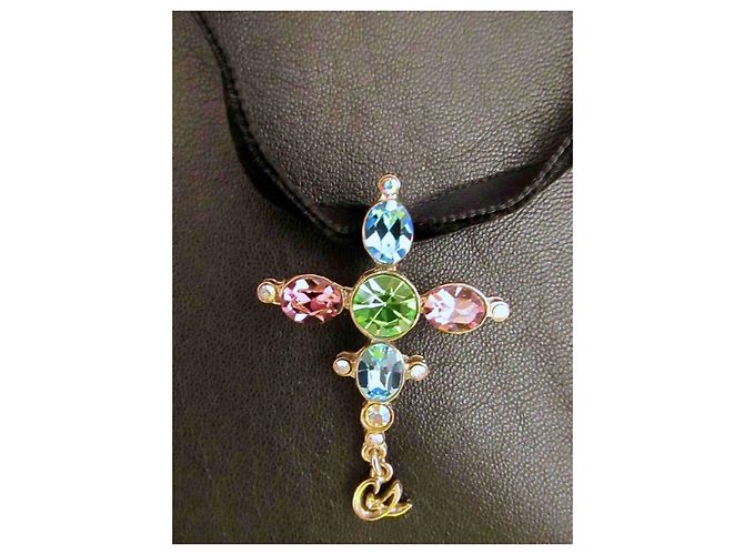 Pendente a croce e spilla Christian Lacroix color argento con pietre di cristallo collana - vista 2