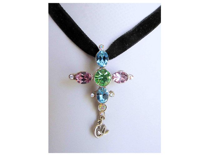 Pendente a croce e spilla Christian Lacroix color argento con pietre di cristallo collana - vista 4