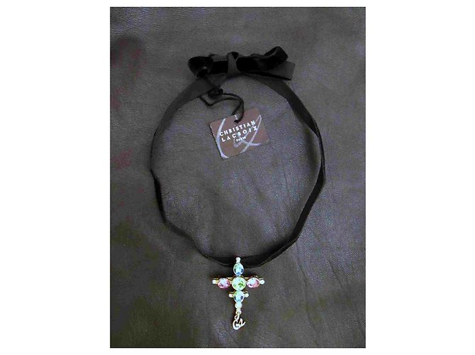 Pendente a croce e spilla Christian Lacroix color argento con pietre di cristallo collana - vista 5