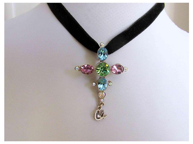 Pendente a croce e spilla Christian Lacroix color argento con pietre di cristallo collana - vista 6