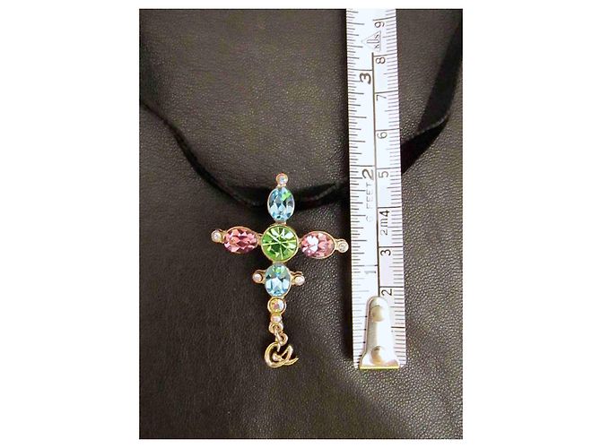 Pendente a croce e spilla Christian Lacroix color argento con pietre di cristallo collana - vista 7