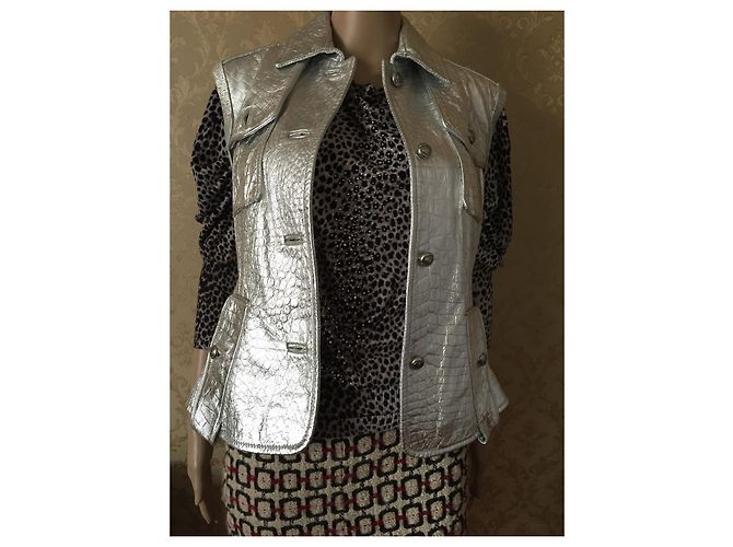 Just Cavalli Silver Leather Biker Jacket Silvery - view 11