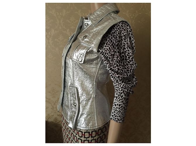 Just Cavalli Silver Leather Biker Jacket Silvery - view 12