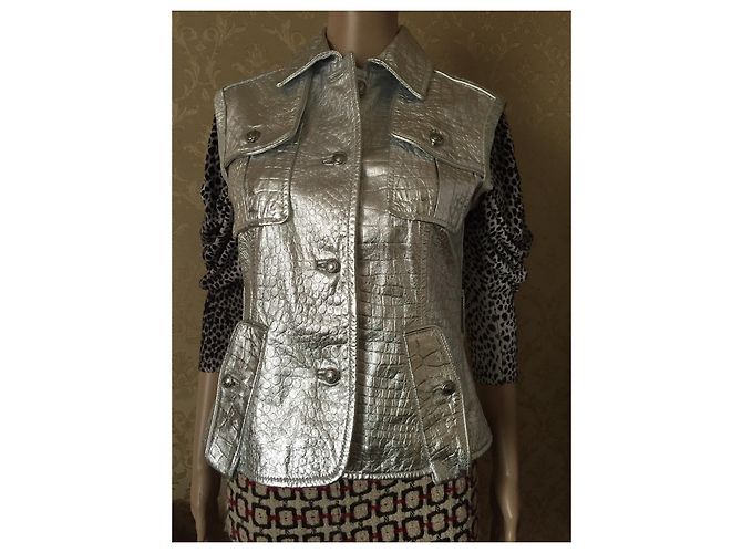 Just Cavalli Silver Leather Biker Jacket Silvery - view 2