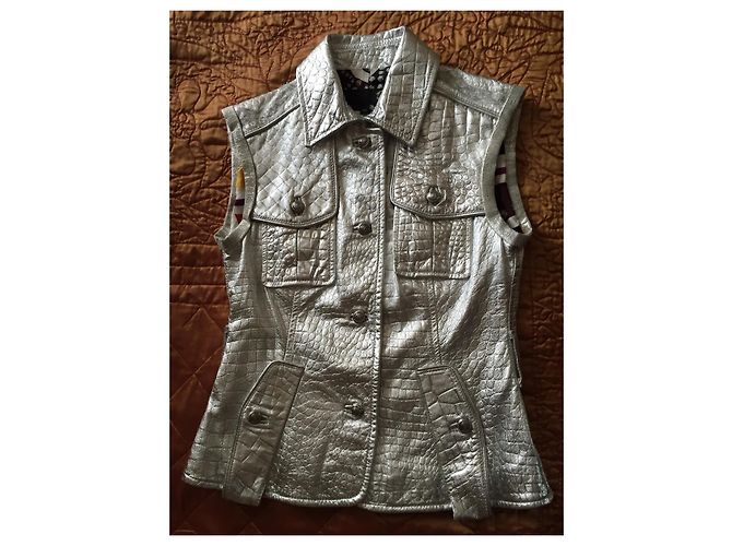 Just Cavalli Silver Leather Biker Jacket Silvery - view 3