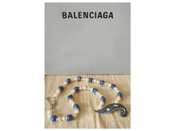 Collana Balenciaga in Perle ed Smalto Bianco Blu - vista 6