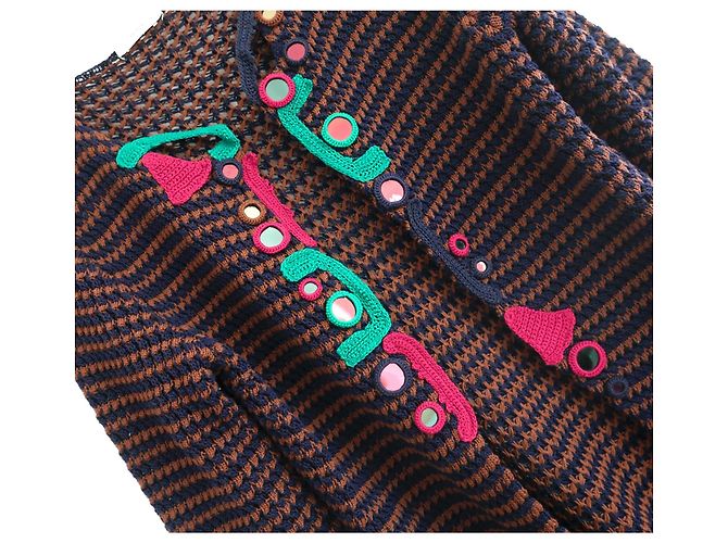 Prada Frühling 2005 gehäkelter verziertes Cardigan-Mantel Braun Dunkelblau - Ansicht 3